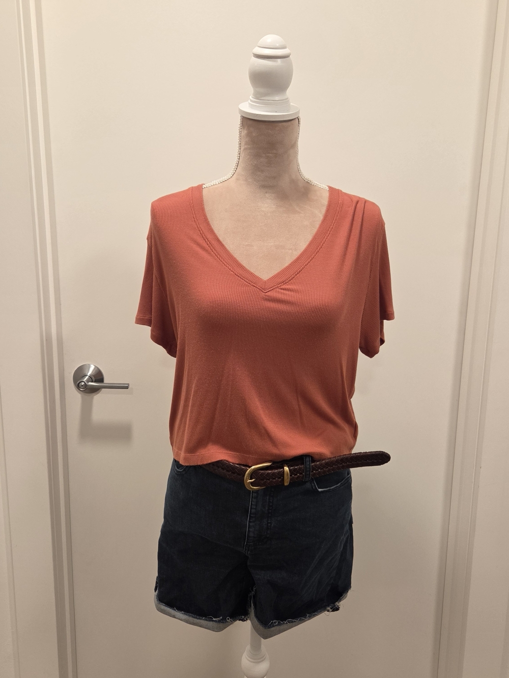 American Eagle Outfitters V-Neck Short Sleeve Ribbed Top in Terracotta